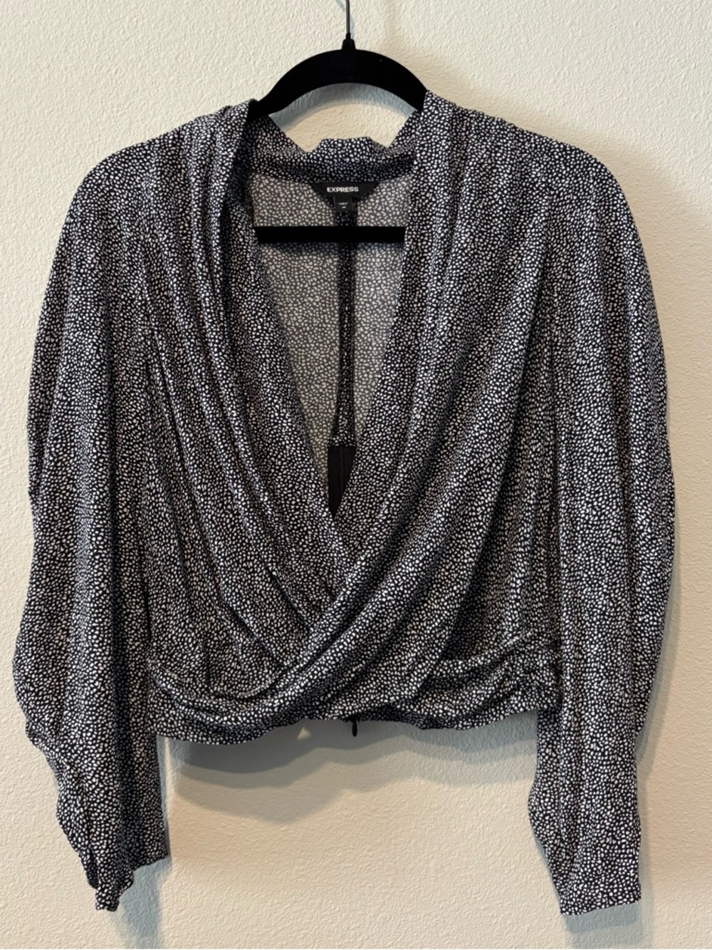 Express Black White Abstract Dot Draped Surplice Blouse Back Zip Size Medium